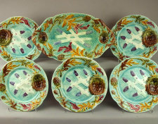 Wonderful majolica asparagus platter and individual plates - the "baskets" also majolica and molded into the plates, are of course for butter or hollandaise
